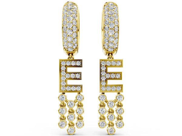 Yellow gold Round Diamond Initial E Huggie Hoop Earrings