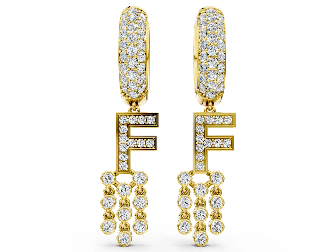 Yellow gold Round Diamond Initial F Huggie Hoop Earrings