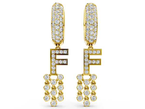 Yellow gold Round Diamond Initial F Huggie Hoop Earrings