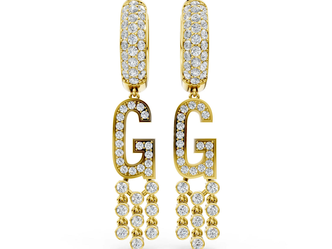 Yellow gold Round Diamond Initial G Huggie Hoop Earrings_4
