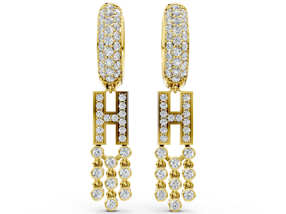 Yellow gold Round Diamond Initial H Huggie Hoop Earrings