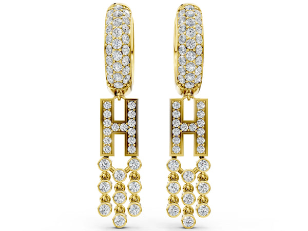 Yellow gold Round Diamond Initial H Huggie Hoop Earrings
