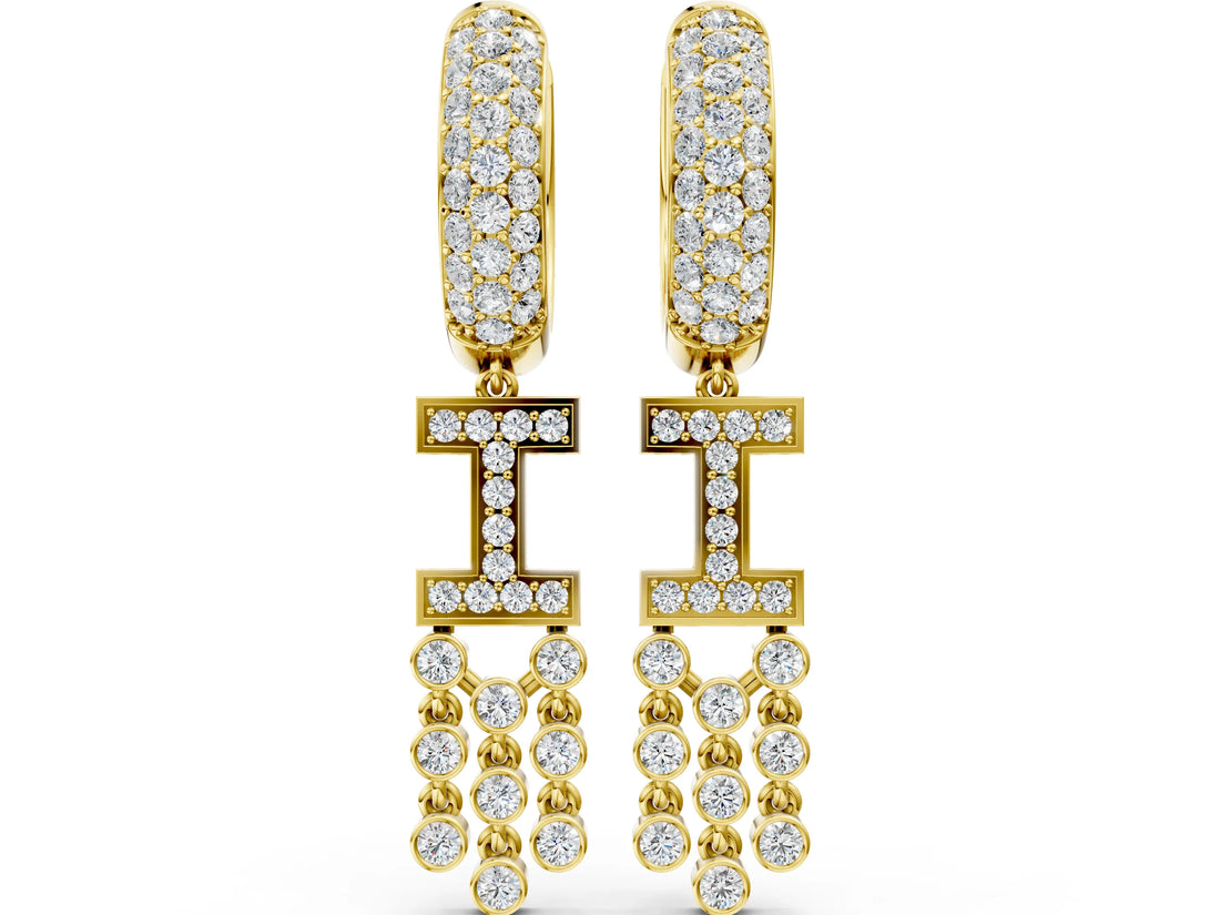 Yellow gold Round Diamond Initial I Huggie Hoop Earrings
