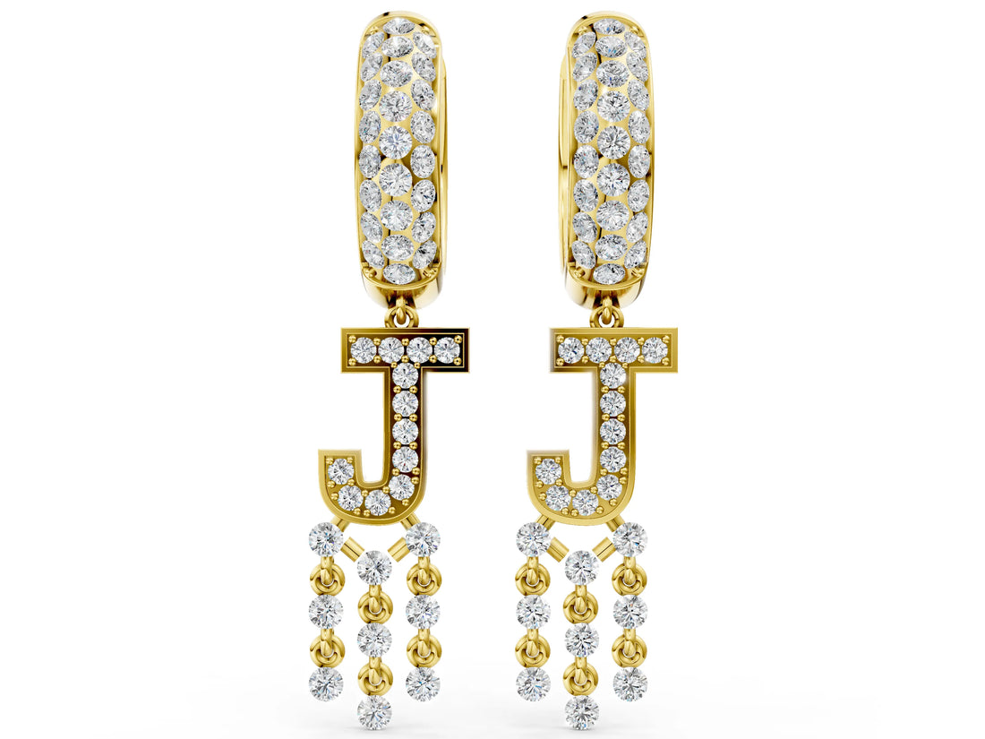 Yellow gold Round Diamond Initial J Huggie Hoop Earrings