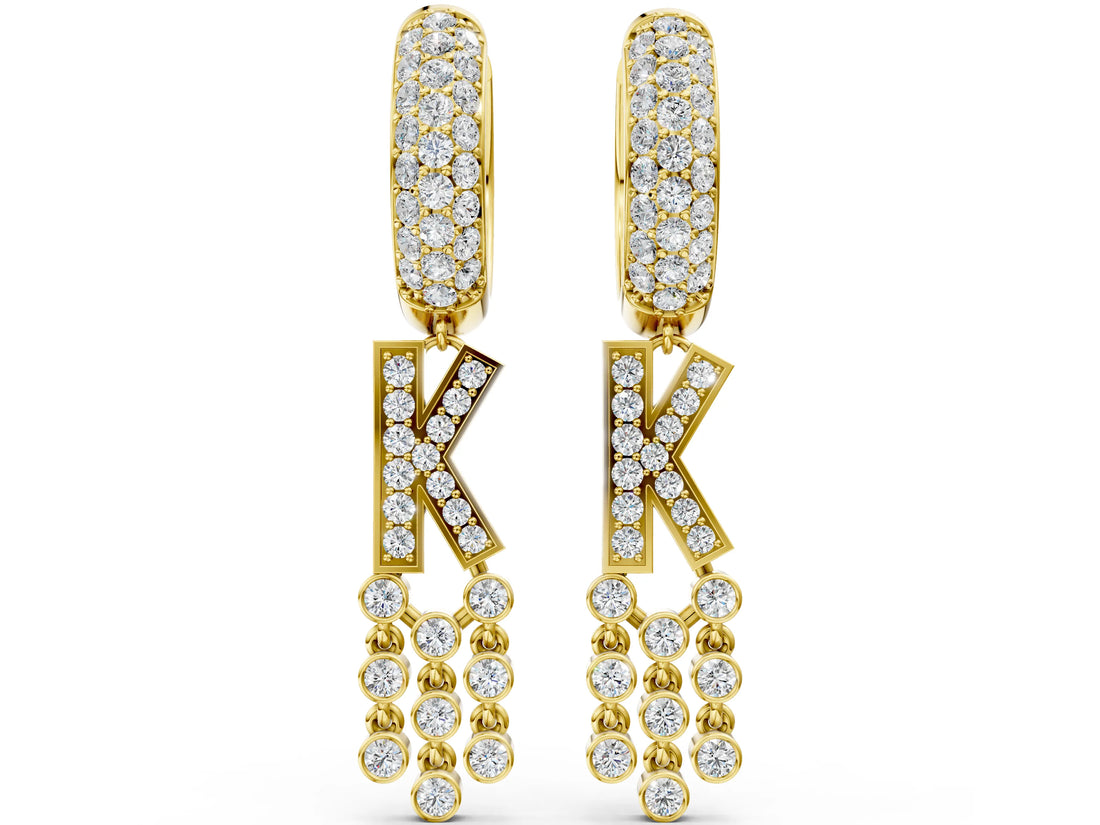 Yellow gold Round Diamond Initial K Huggie Hoop Earrings