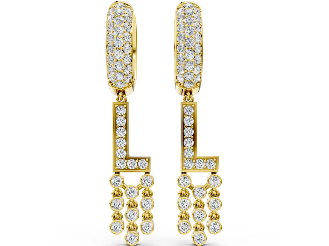 Yellow gold Round Diamond Initial L Huggie Hoop Earrings