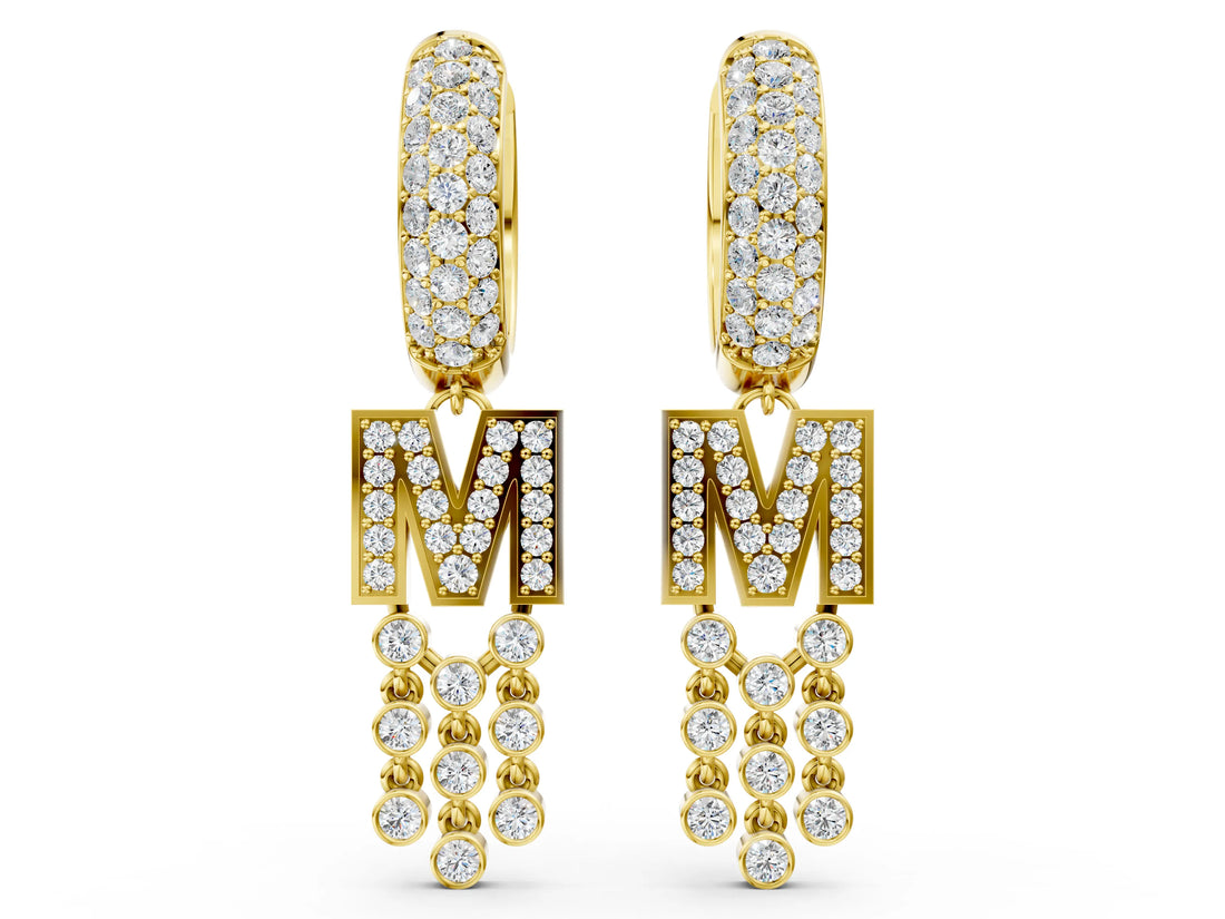 Yellow gold Round Diamond Initial M Huggie Hoop Earrings