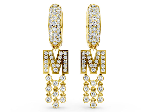 Yellow gold Round Diamond Initial M Huggie Hoop Earrings