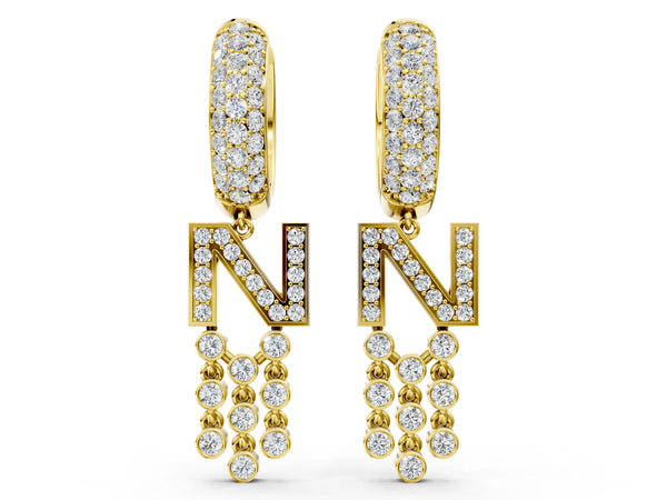 Yellow gold Round Diamond Initial N Huggie Hoop Earrings