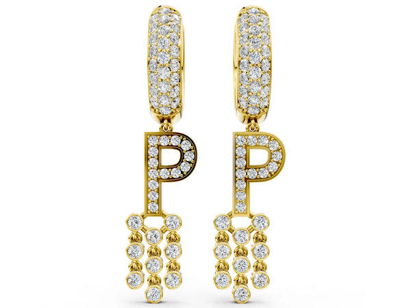 Yellow gold Round Diamond Initial P Huggie Hoop Earrings