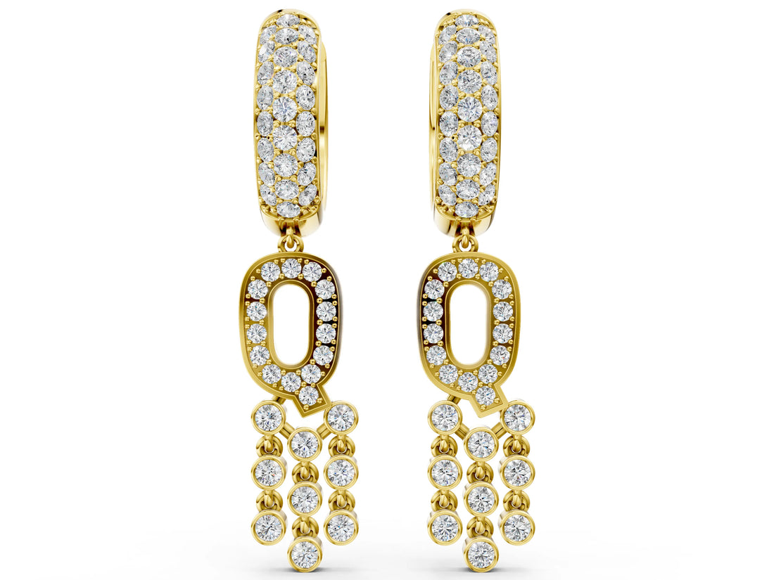 Yellow gold Round Diamond Initial Q Huggie Hoop Earrings