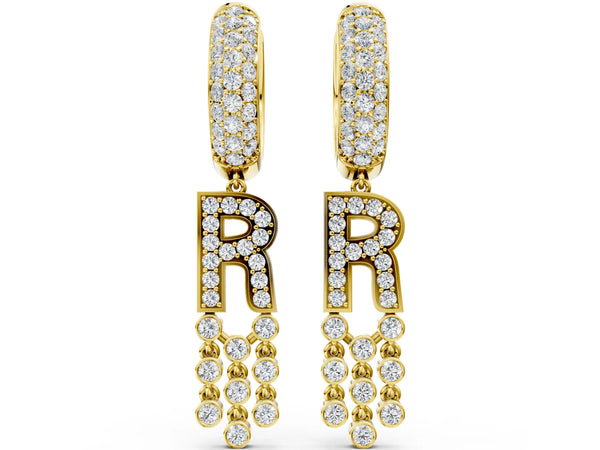 Yellow gold Round Diamond Initial R Huggie Hoop Earrings