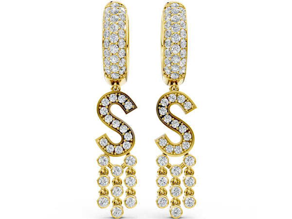 Yellow gold Round Diamond Initial S Huggie Hoop Earrings