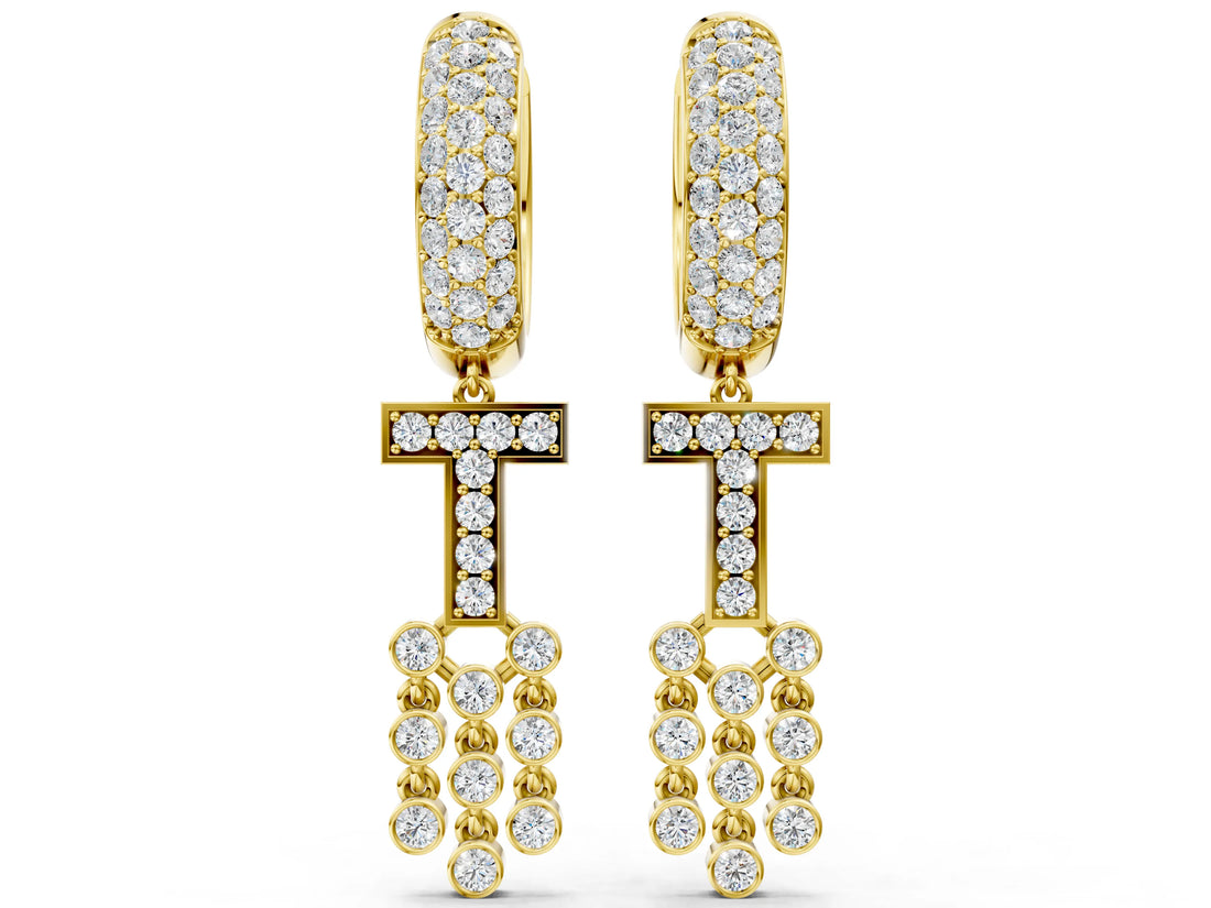 Yellow gold Round Diamond Initial T Huggie Hoop Earrings_4