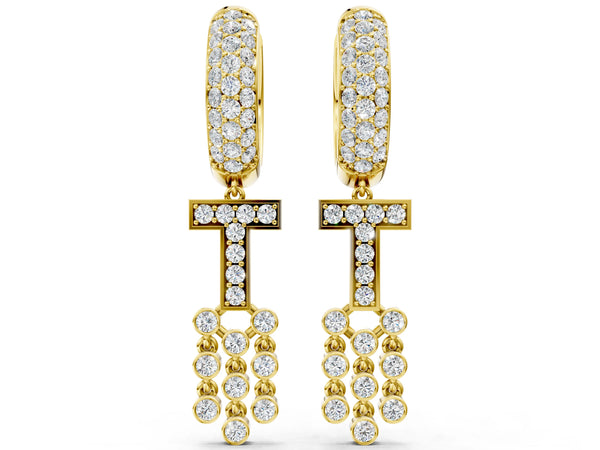 Yellow gold Round Diamond Initial T Huggie Hoop Earrings