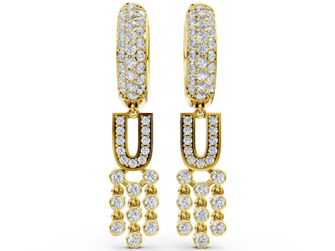 Yellow gold Round Diamond Initial U Huggie Hoop Earrings_4