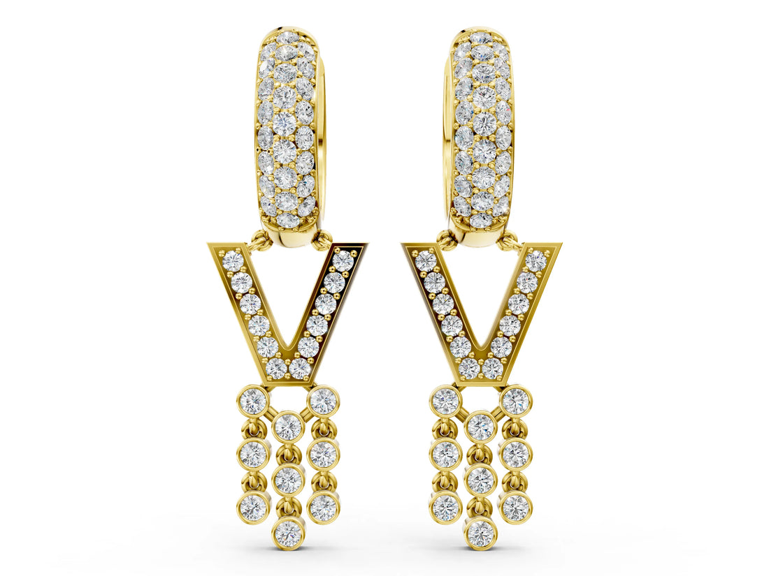 Yellow gold Round Diamond Initial V Huggie Hoop Earrings