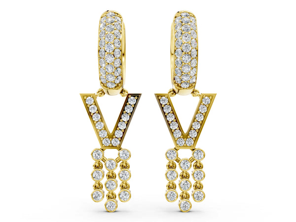 Yellow gold Round Diamond Initial V Huggie Hoop Earrings