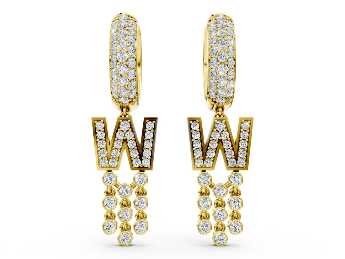 Yellow gold Round Diamond Initial W Huggie Hoop Earrings