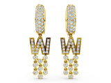 Yellow gold Round Diamond Initial W Huggie Hoop Earrings