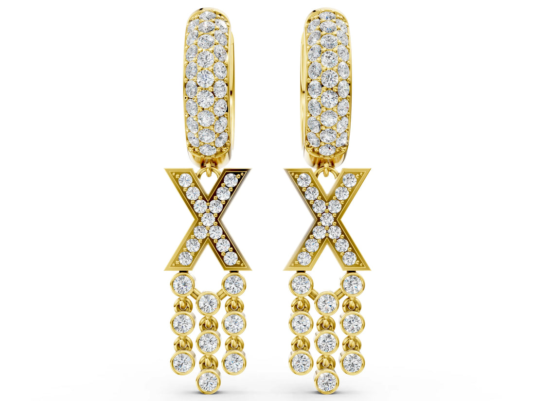 Yellow gold Round Diamond Initial X Huggie Hoop Earrings