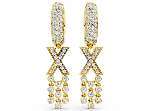 Yellow gold Round Diamond Initial X Huggie Hoop Earrings