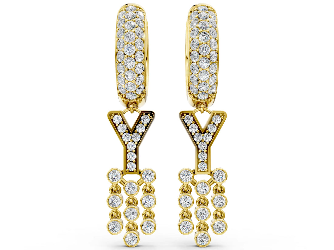 Yellow gold Round Diamond Initial Y Huggie Hoop Earrings