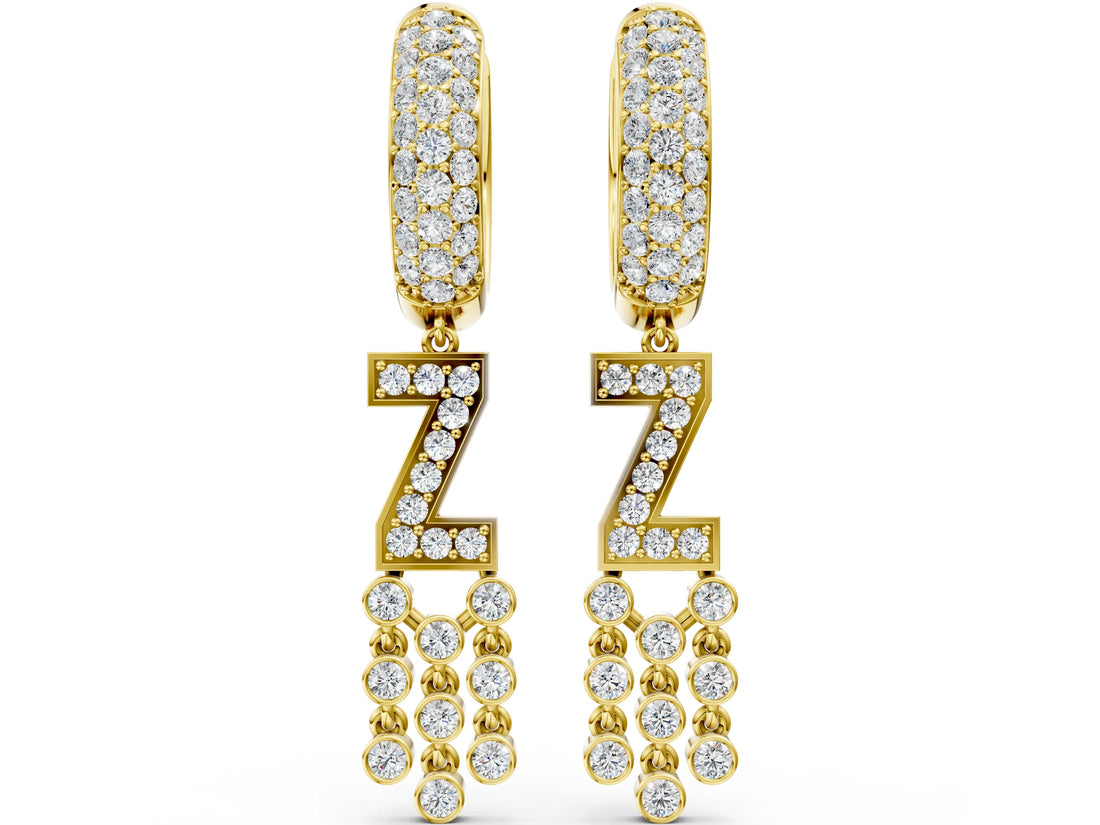 Yellow gold Round Diamond Initial Z Huggie Hoop Earrings