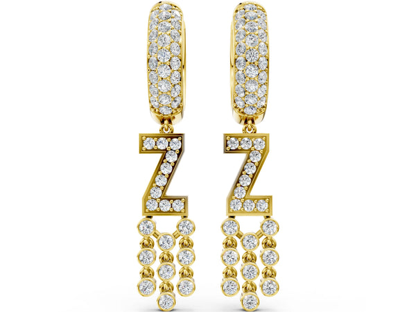Yellow gold Round Diamond Initial Z Huggie Hoop Earrings