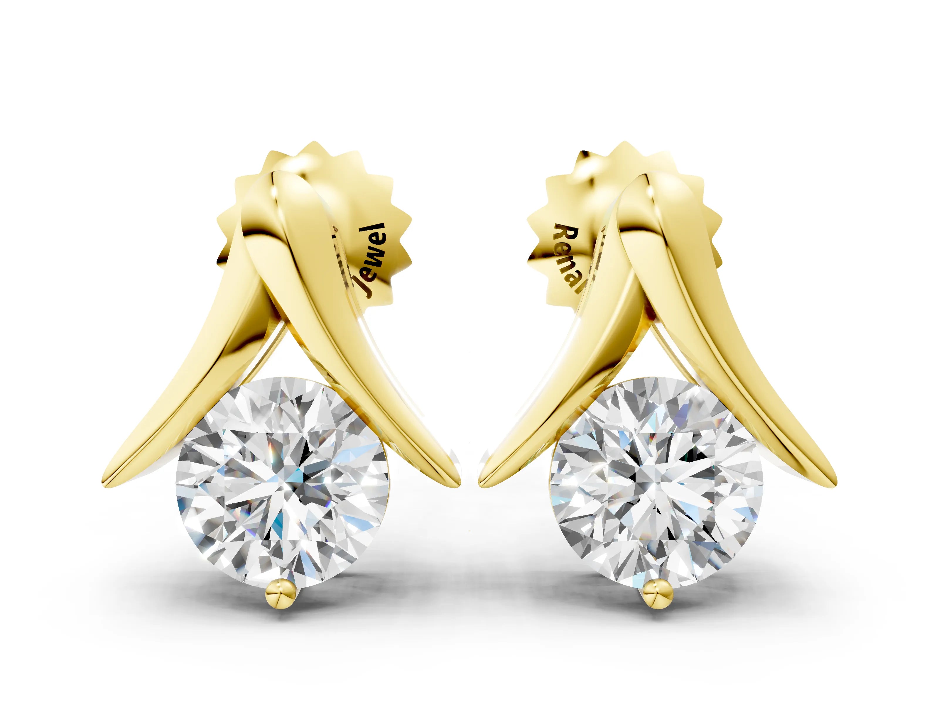 Yellow gold Round Diamond Inverted V Stud Earrings_12