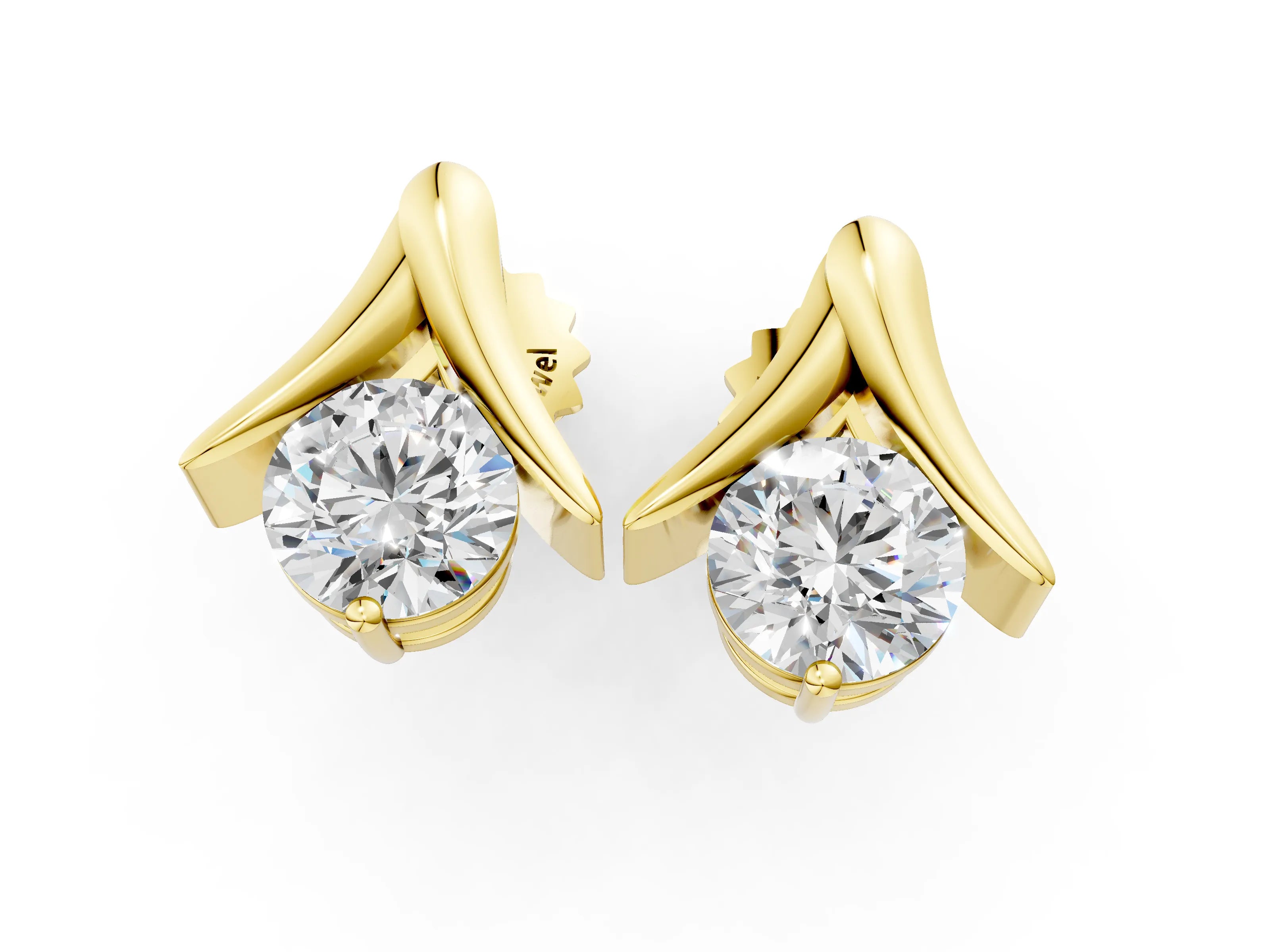 Yellow gold Round Diamond Inverted V Stud Earrings_13