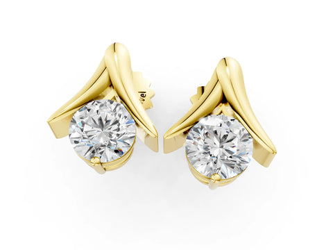 Yellow gold Round Diamond Inverted V Stud Earrings_13