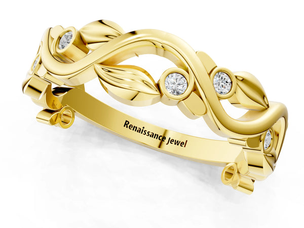Yellow gold Round Diamond Leaf Eternity Band with Bezel Setting