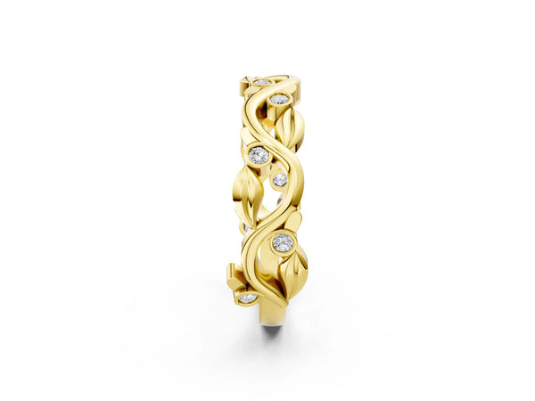 Yellow gold Round Diamond Leaf Eternity Band with Bezel Setting