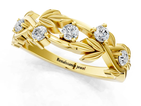 Yellow gold Round Diamond Leaf Motif Band with Prong Setting