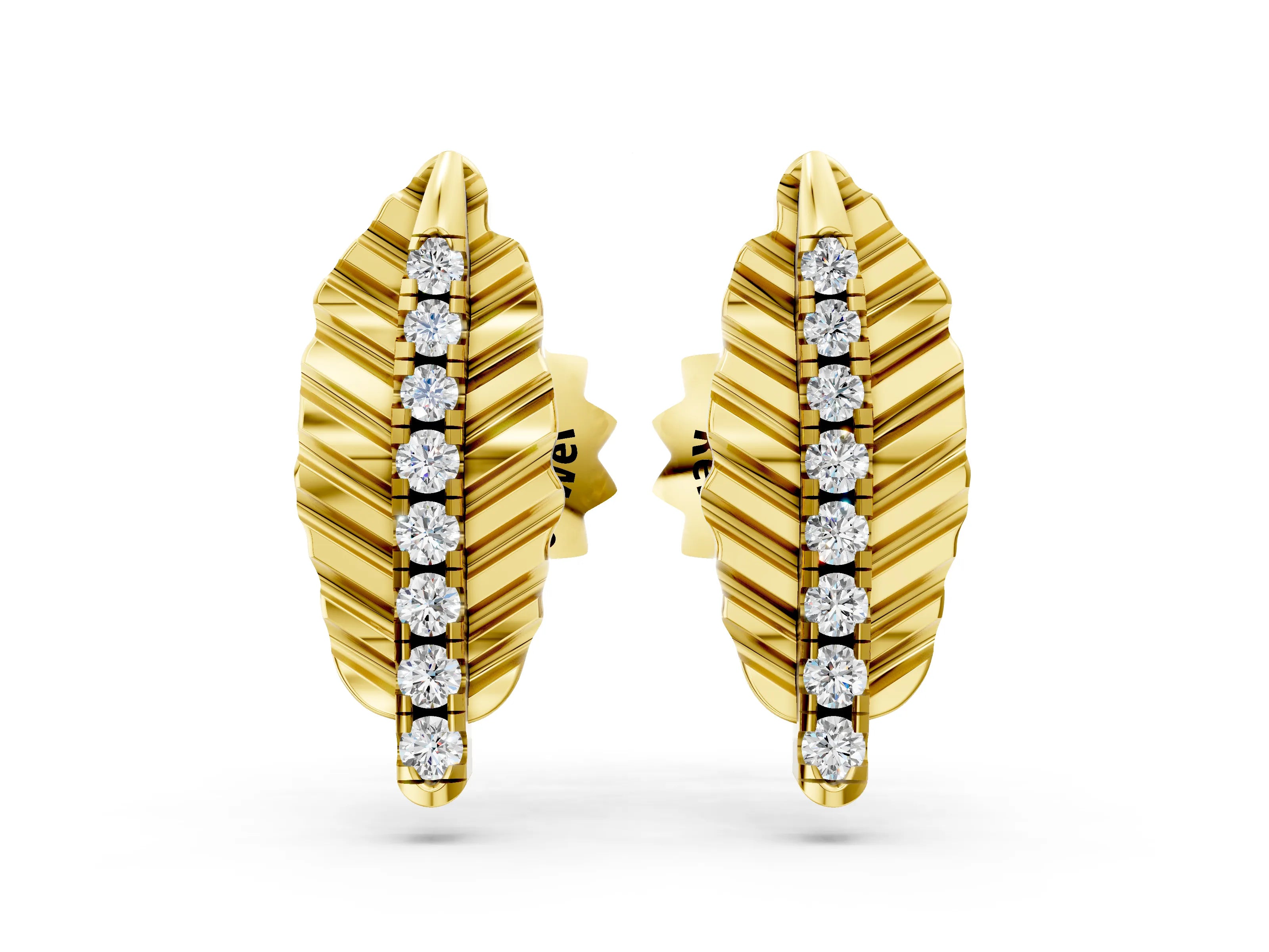 Yellow gold Round Diamond Leaf Stud Earrings