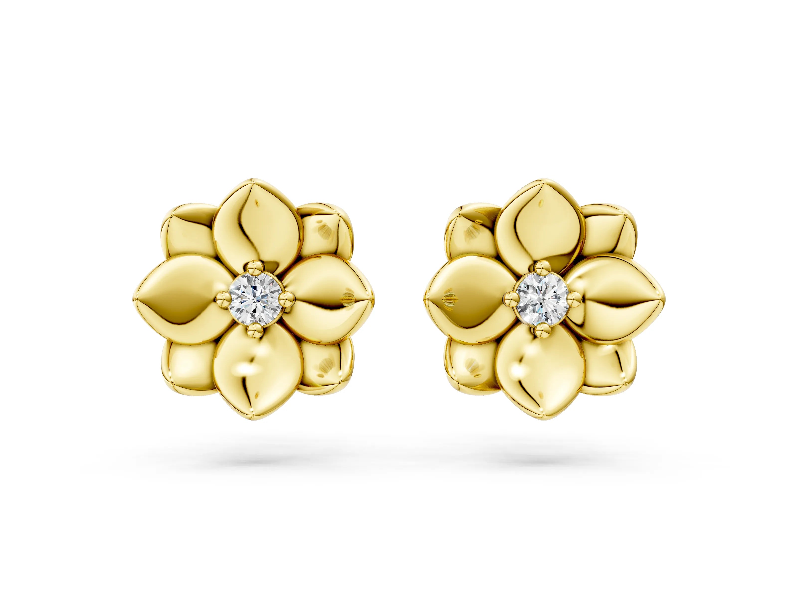 Yellow gold Round Diamond Magnolia Floral Stud Earrings_8