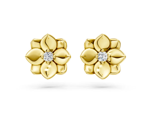 Yellow gold Round Diamond Magnolia Floral Stud Earrings