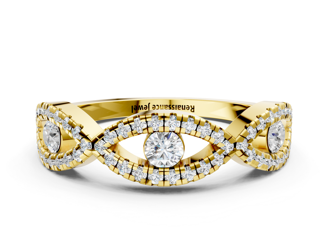 Yellow gold Round Diamond Marquise Halo Twist Band with Pavé Setting_23