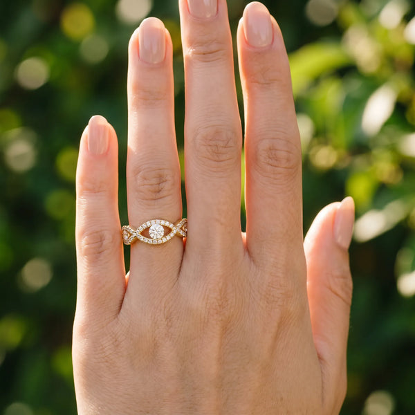 Yellow gold Round Diamond Marquise Halo Twist Band with Pavé Setting