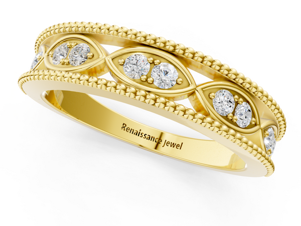 Yellow gold Round Diamond Marquise Milgrain Two-Tone Prong Set Band
