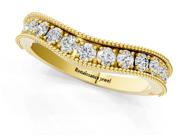 Yellow gold Round Diamond Milgrain Contour Wedding Band with Pavé Setting
