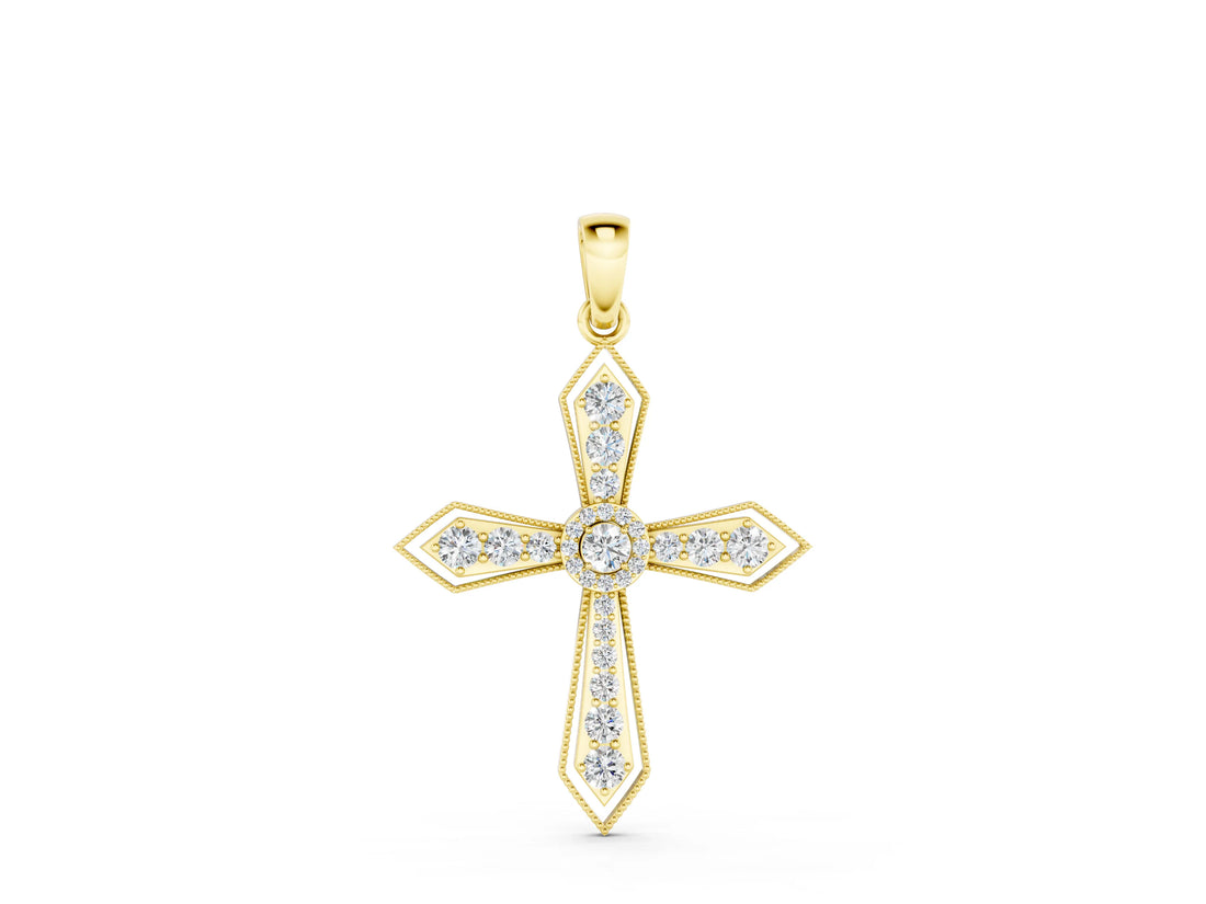 Yellow gold Round Diamond Milgrain Cross Pendant with Bezel Setting_33