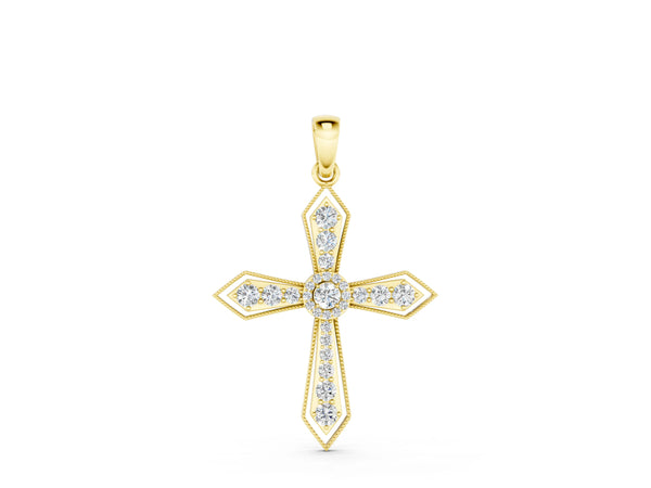 Yellow gold Round Diamond Milgrain Cross Pendant with Bezel Setting