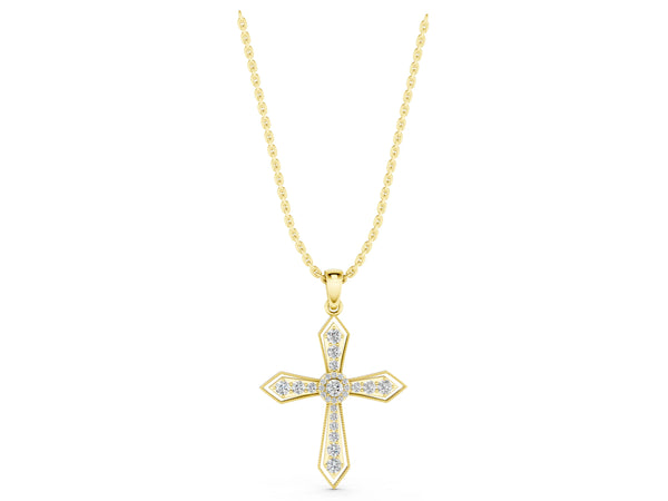 Yellow gold Round Diamond Milgrain Cross Pendant with Bezel Setting