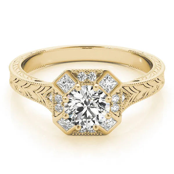 Yellow gold Round Diamond Milgrain Halo Engagement Ring with Chevron Band and Prong Setting