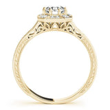 Yellow gold Round Diamond Milgrain Halo Engagement Ring with Chevron Band and Prong Setting 2