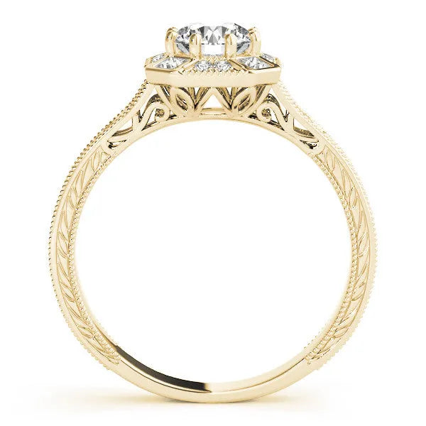 Yellow gold Round Diamond Milgrain Halo Engagement Ring with Chevron Band and Prong Setting
