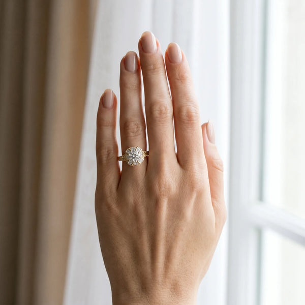 Yellow gold Round Diamond Milgrain Halo Engagement Ring with Chevron Band and Prong Setting