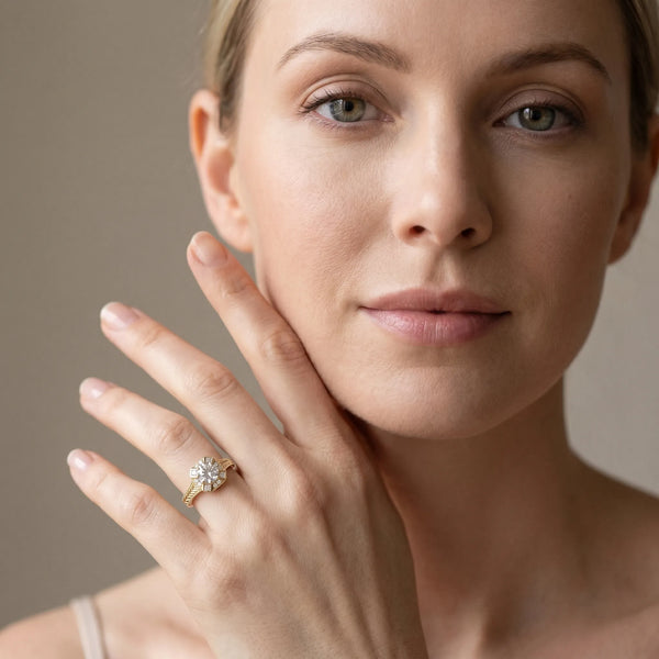 Yellow gold Round Diamond Milgrain Halo Engagement Ring with Chevron Band and Prong Setting